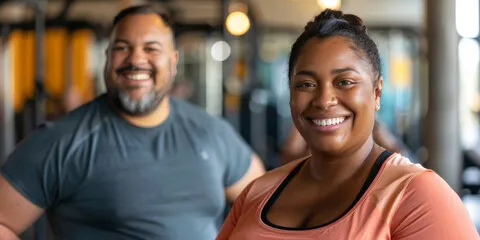 Smiling individuals in a gym setting.