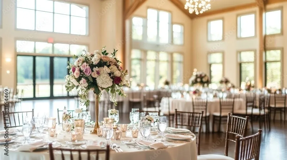 Elegant wedding reception with floral centerpieces.