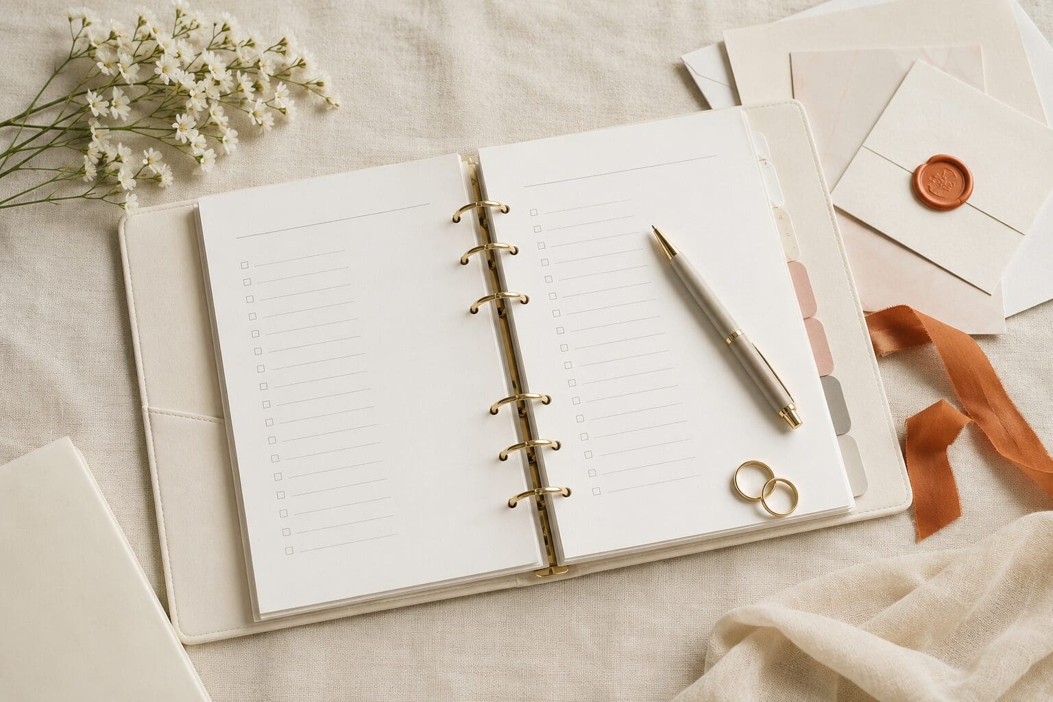 Wedding planning materials, open organizer, pen, scissors, ribbon, and wedding rings arranged on ivory fabric.