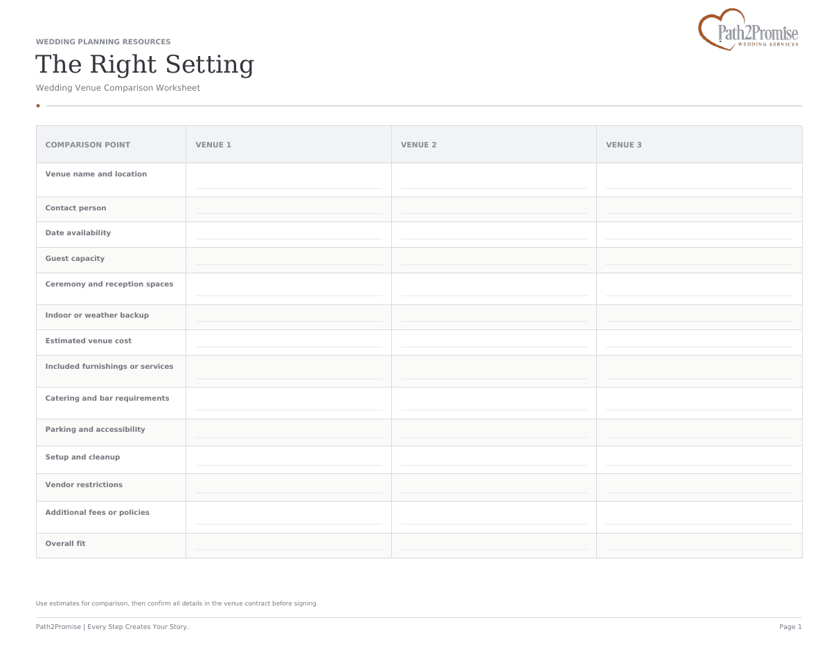 Cover of Wedding Venue Comparison Worksheet by Path2Promise.