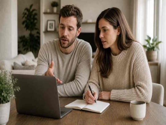 Couple discussing coaching on laptop