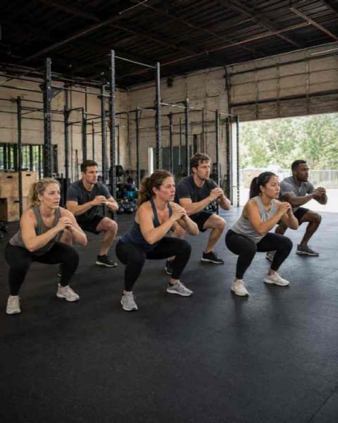 Fitness group performing squats indoors