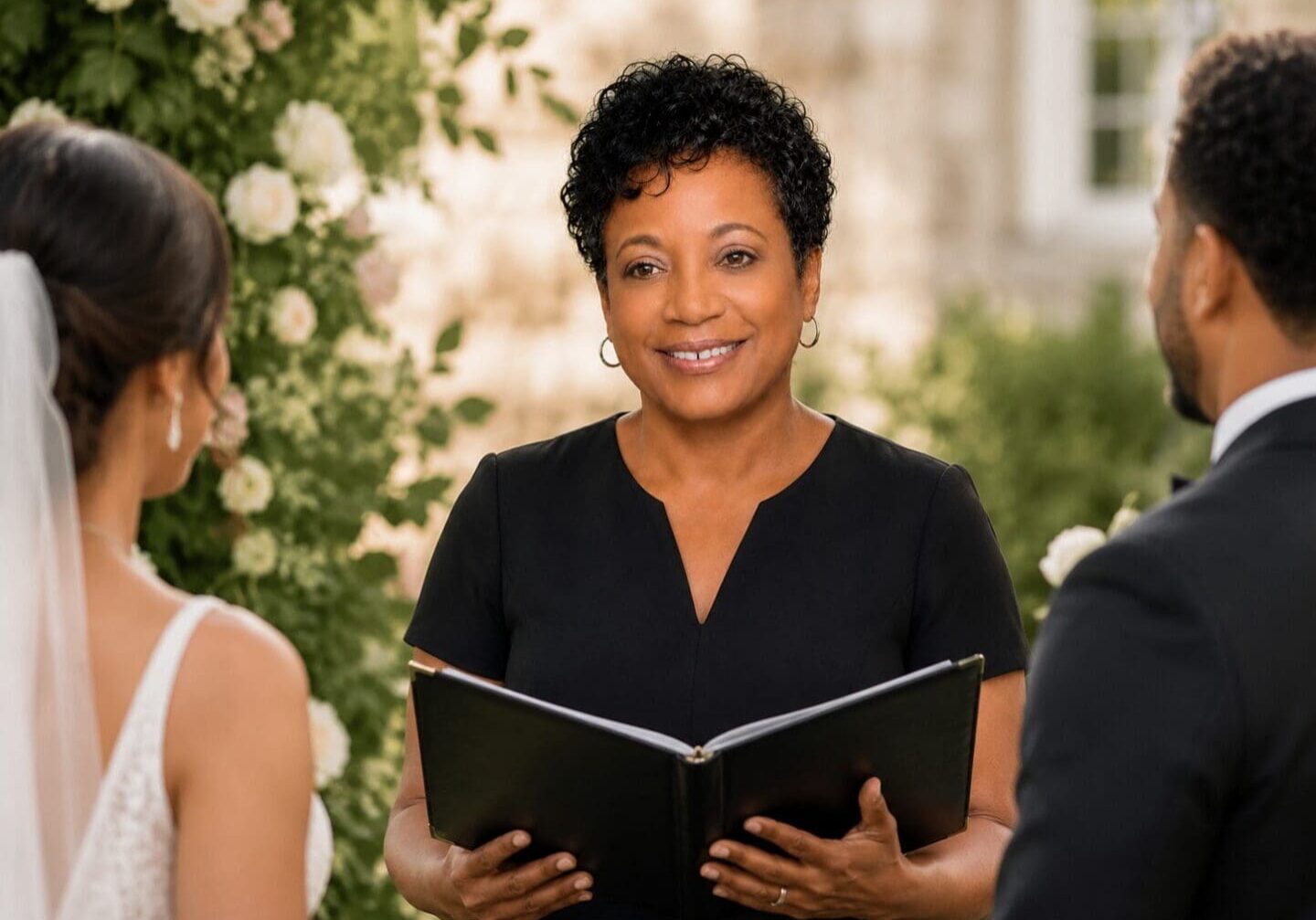 Wedding officiant leading an outdoor ceremony for a couple