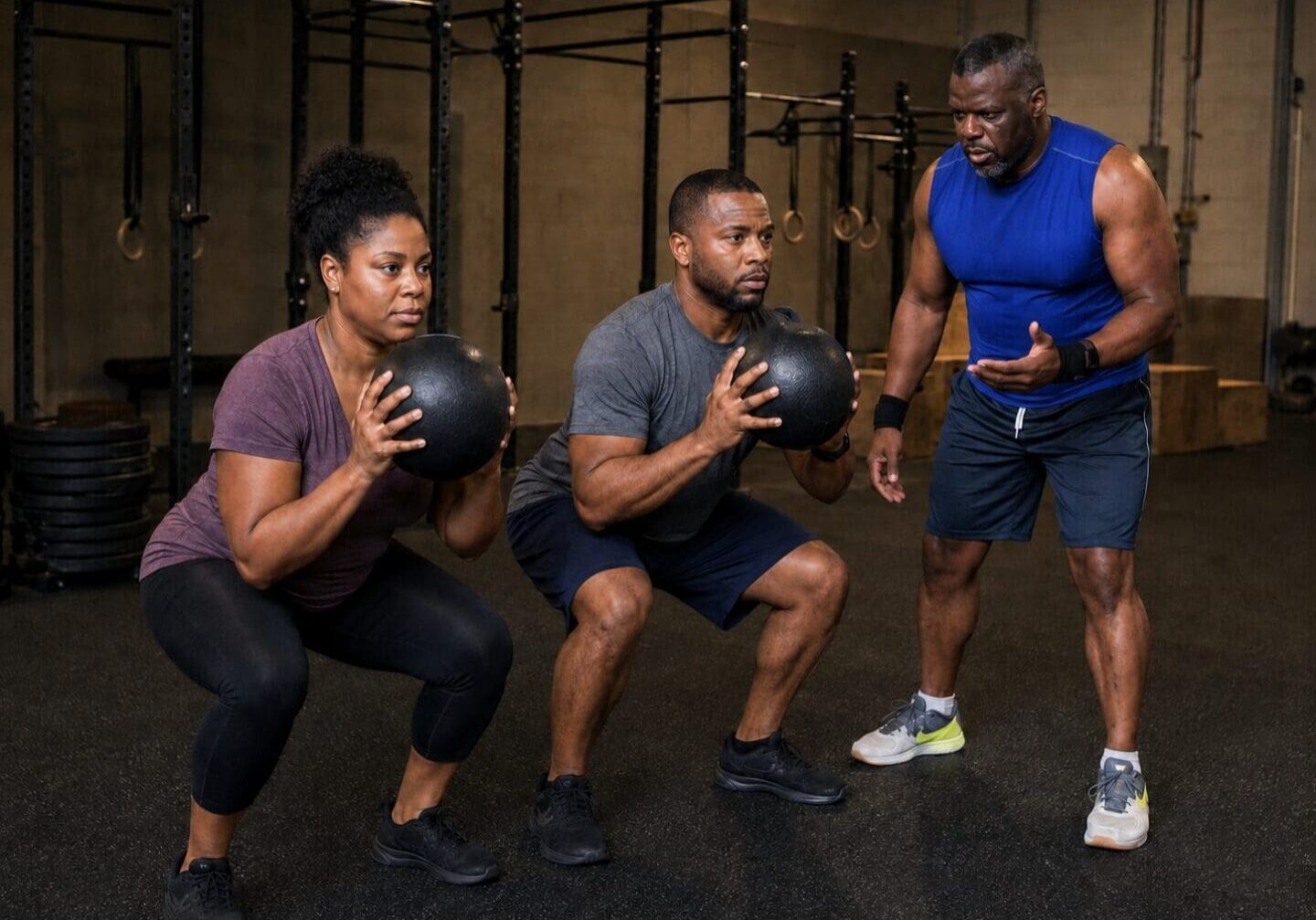 Certified fitness trainer coaching a couple through functional exercises