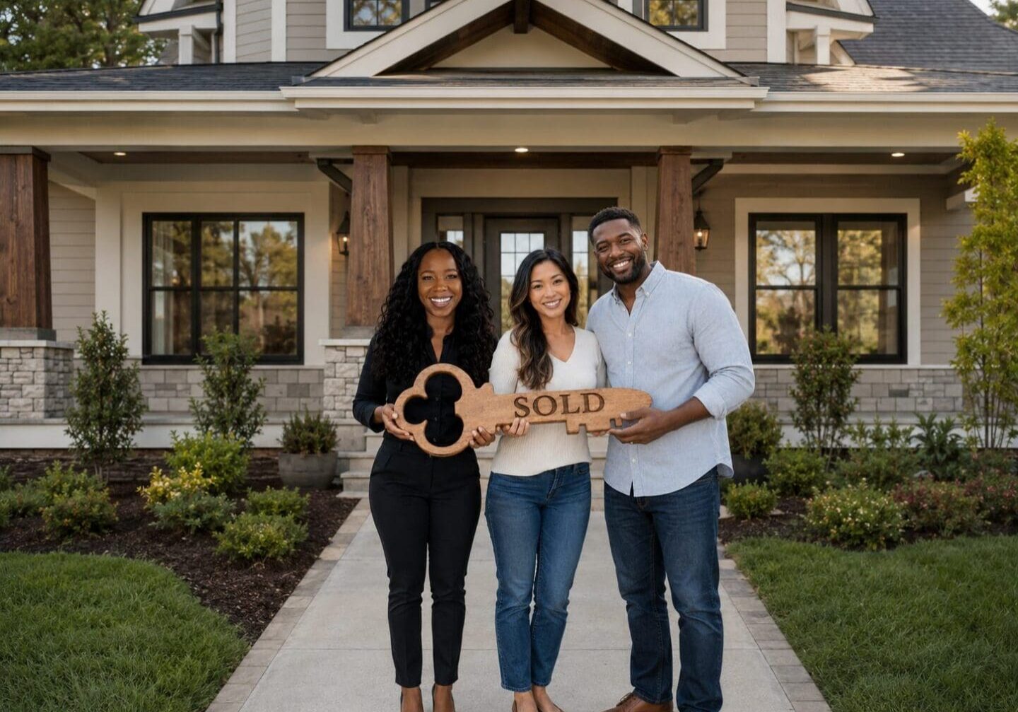 Realtor celebrating with an interracial couple outside their new Craftsman home