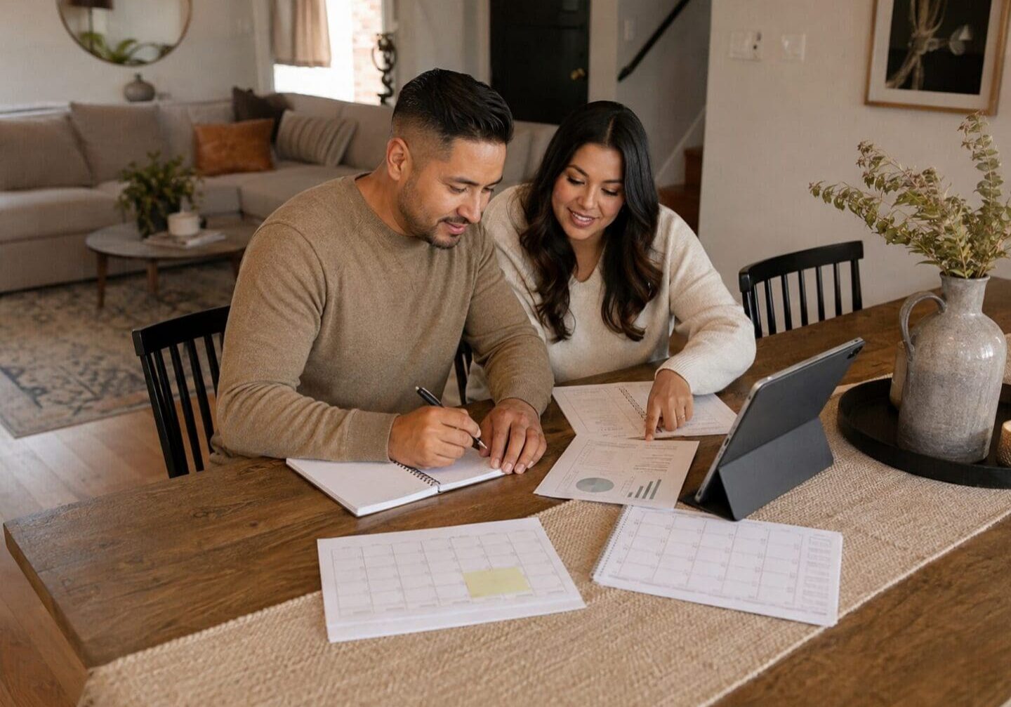 Couple reviewing wedding and marriage-planning resources together at home